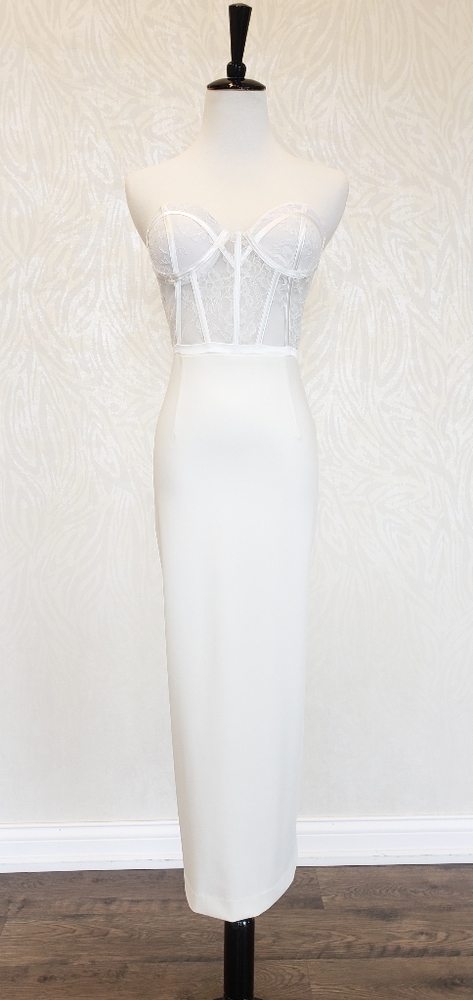 WHITE MIDI FIT STRAPLESS DRESS WITH LACE TOP